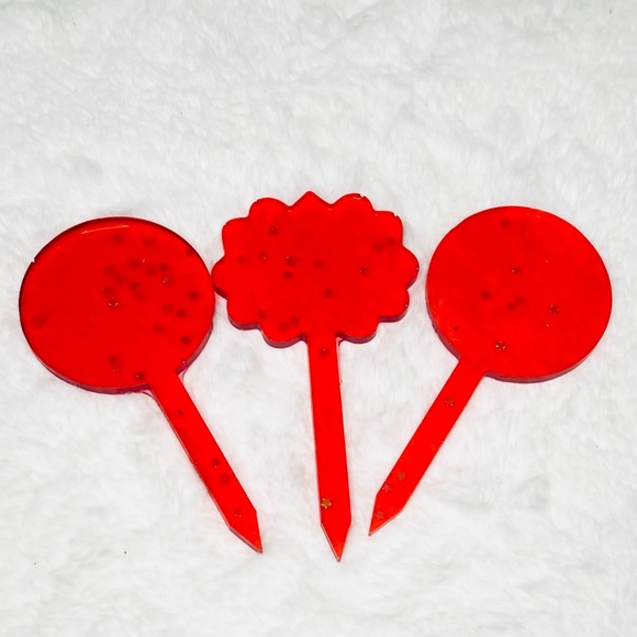 Set of 3 Red Glitter Plant Markers Hand Crafted Resin Gift Set Cake Toppers - Picture 1 of 7